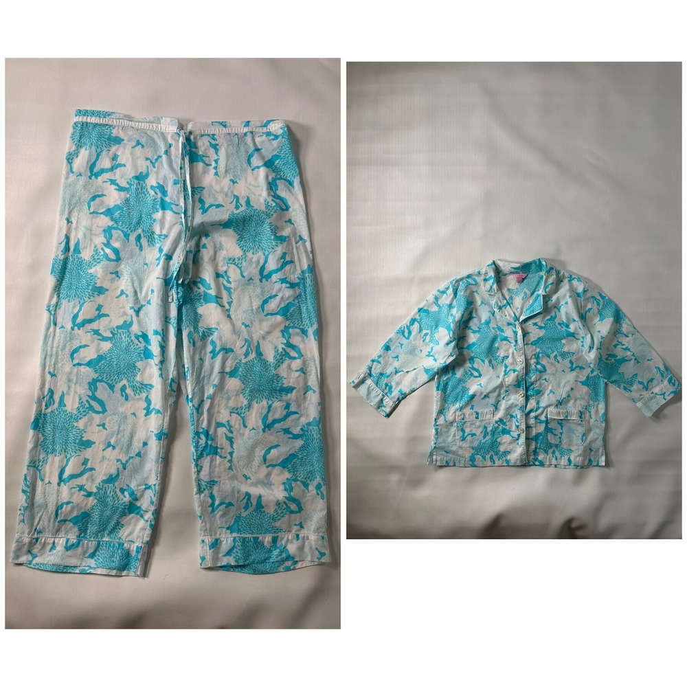 Lilly Pulitzer Casual Set Women's Large Blue Floral Button Down Top Pants